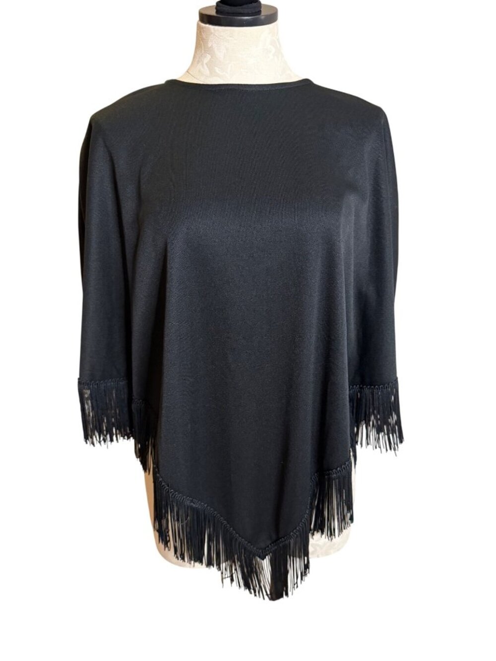 Vintage Womens Fringe Poncho-style Cape Top Size M Black Polyester Glam Chic